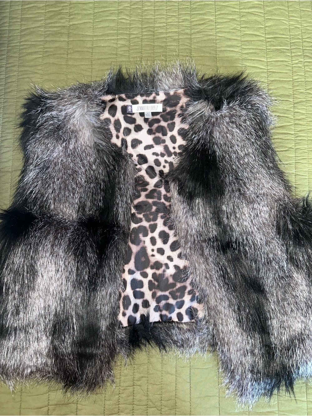 Jennifer Lopez Faux Fur Vest in Silver and Black with Leopard Lining